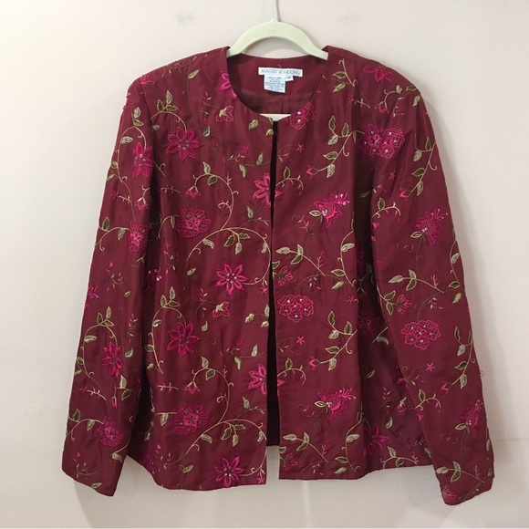 Vintage Maggy London Women’s Red Floral Embroidered 100% Silk Jacket Size 14 - Picture 1 of 7